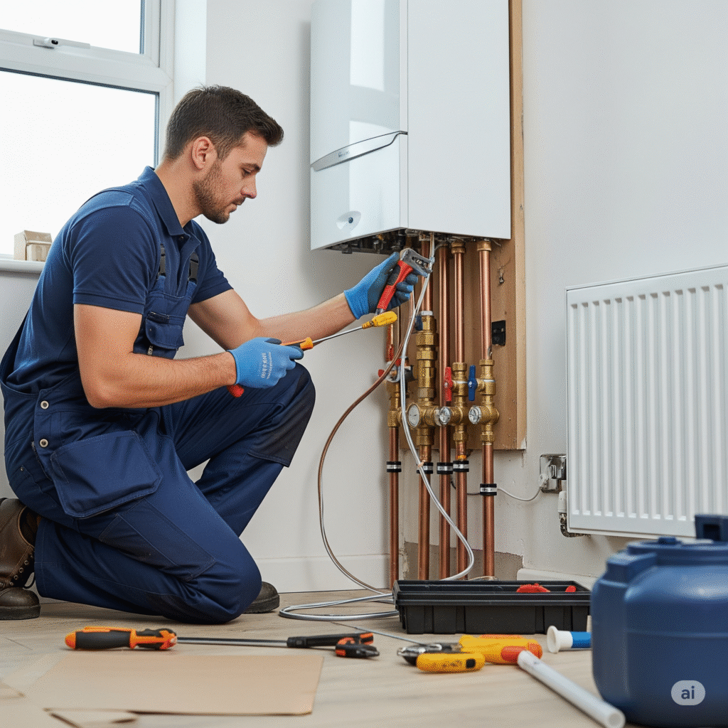 Team of four heating engineers inspecting and repairing a boiler system with toolboxes and equipment in a modern kitchen setting.