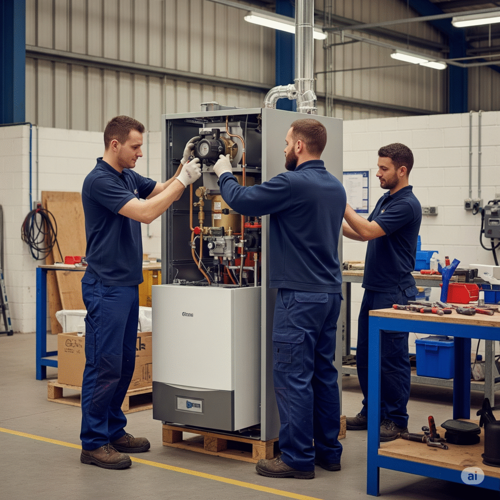 Four professionals in navy uniforms and gloves conducting detailed boiler installation work inside a residential utility room