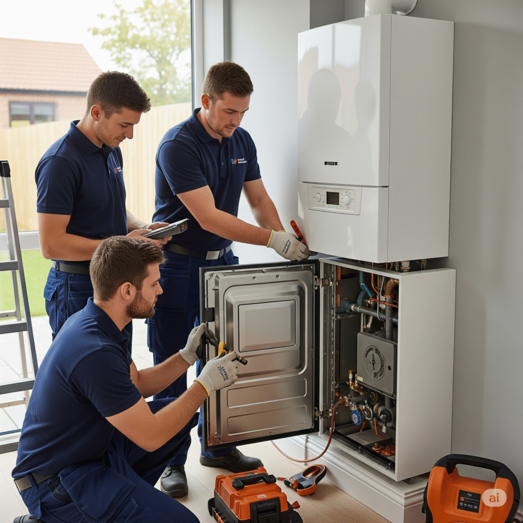 Three boiler maintenance specialists wearing safety gear and gloves working together to repair a large industrial boiler inside a factory.