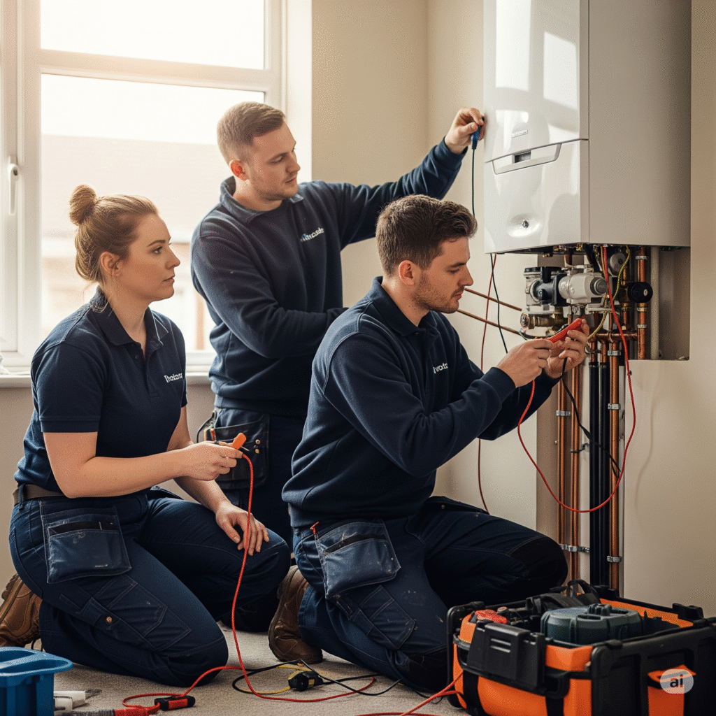 Three skilled technicians inspecting and repairing a modern boiler unit in a bright residential setting, with tools and equipment nearby.