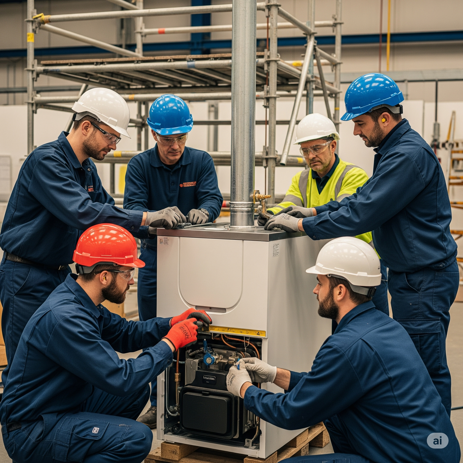 Two technicians in blue uniforms and one engineer in a yellow high-visibility jacket repairing and inspecting an industrial boiler unit.