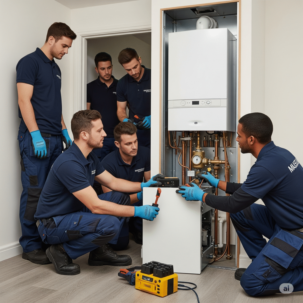 three technicians in navy uniforms working on a boiler system in a spacious workshop, with workbenches and tools around.